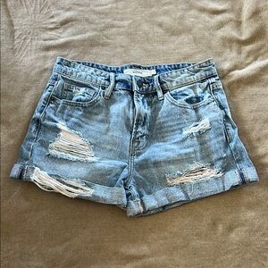 Blue Distressed Jean Shorts with Cuffed Hem